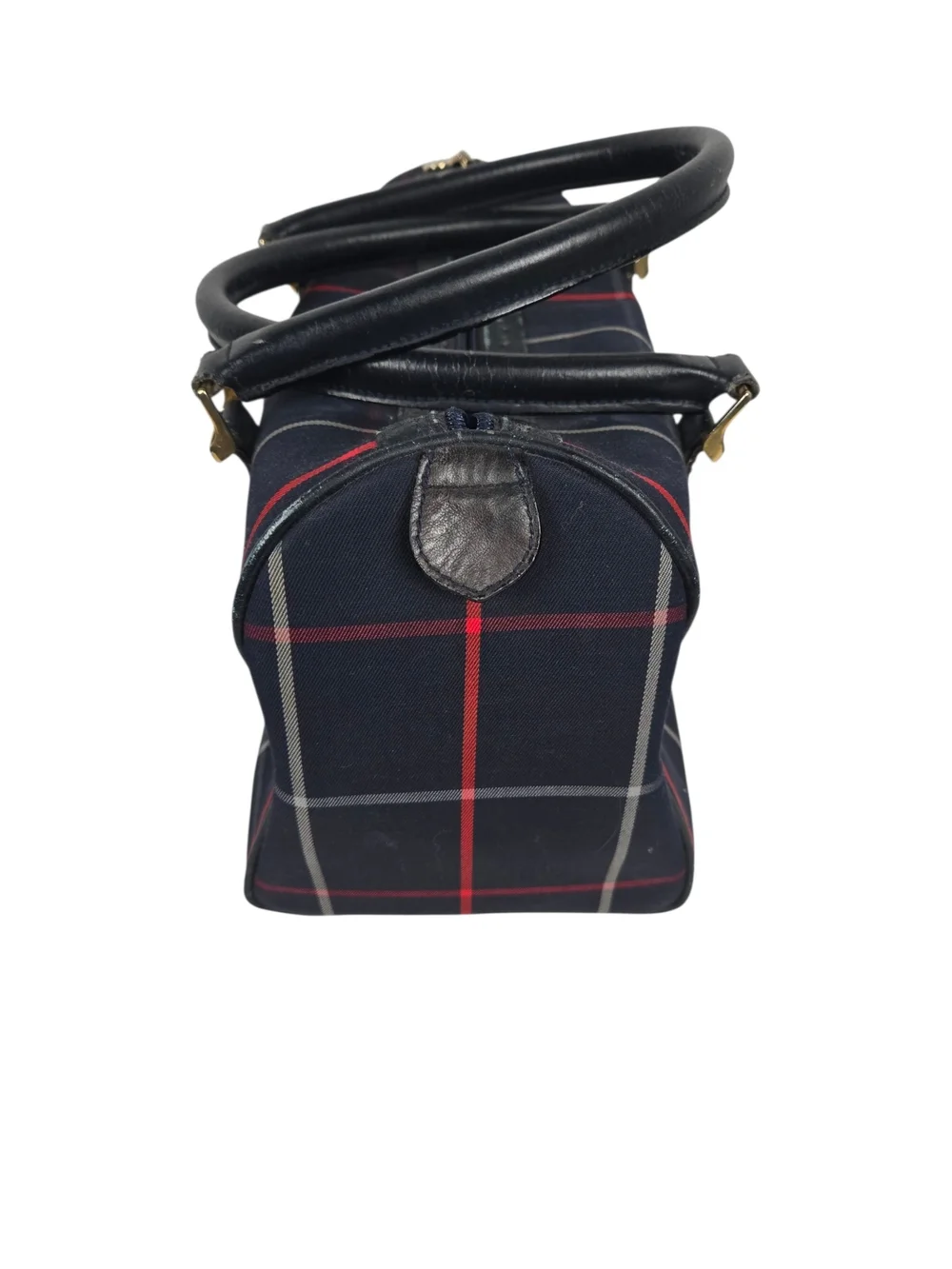Burberrys Nova Check Toiletry Bag Vintage Leather Trim Navy Red Plaid